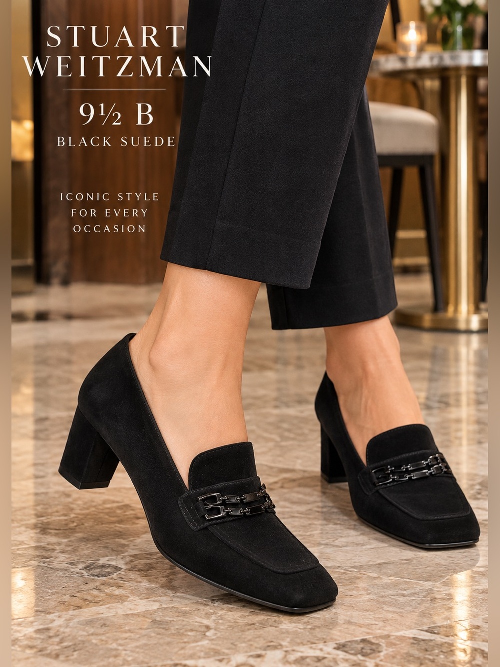 Stuart Weitzman Black Suede Loafer 9.5 B Chain Block Heel dark academia office